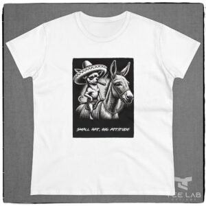 Women's Small Hat, Big Attitude Chihuahua Tee from the Tee Lab Designs Chihuahua Collection.