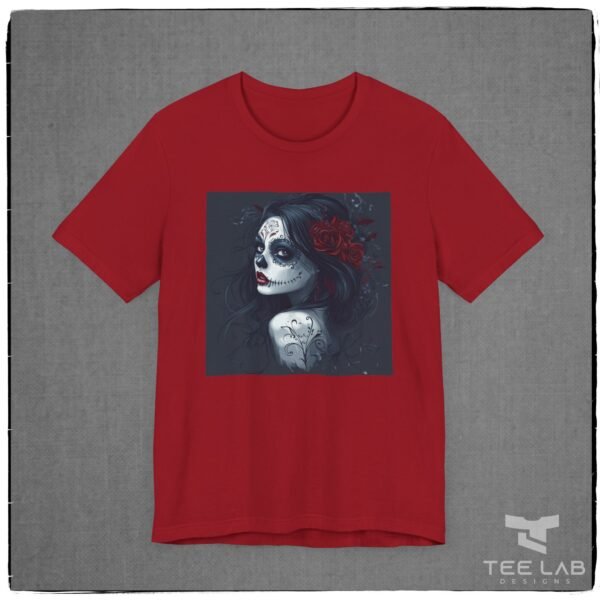 Dia de los Muertos or Day of the Dead woman Bella+Canvas tee from Tee Lab Designs.