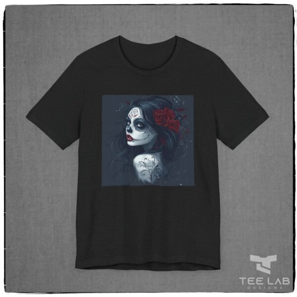 Dia de los Muertos or Day of the Dead woman Bella+Canvas tee from Tee Lab Designs.