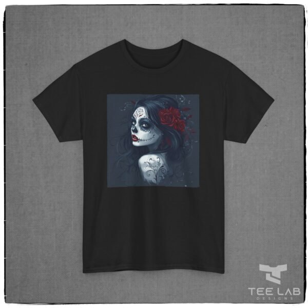 Dia de los Muertos or Day of the Dead woman tee from Tee Lab Designs.