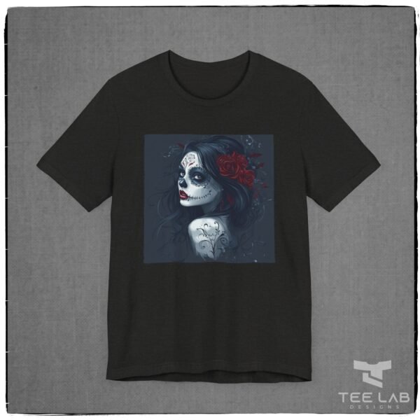 Dia de los Muertos or Day of the Dead woman Bella+Canvas tee from Tee Lab Designs.