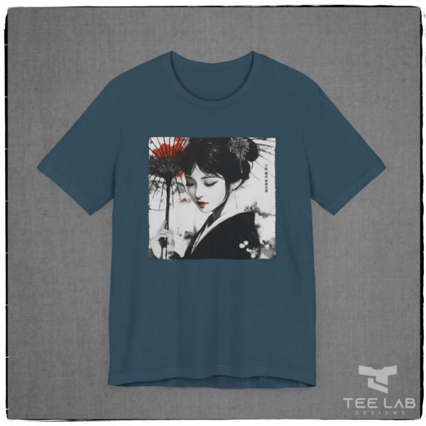 Japanese Woman Holding Umbrella Bella+Canvas tee from the Japanese Collection at Tee Lab Designs.