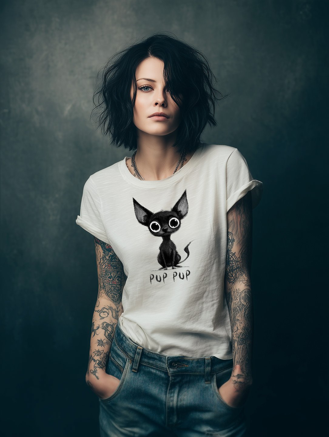puppupdarkhairfront cover Black Chihuahua Scribble T-shirt by Tee Lab Designs.