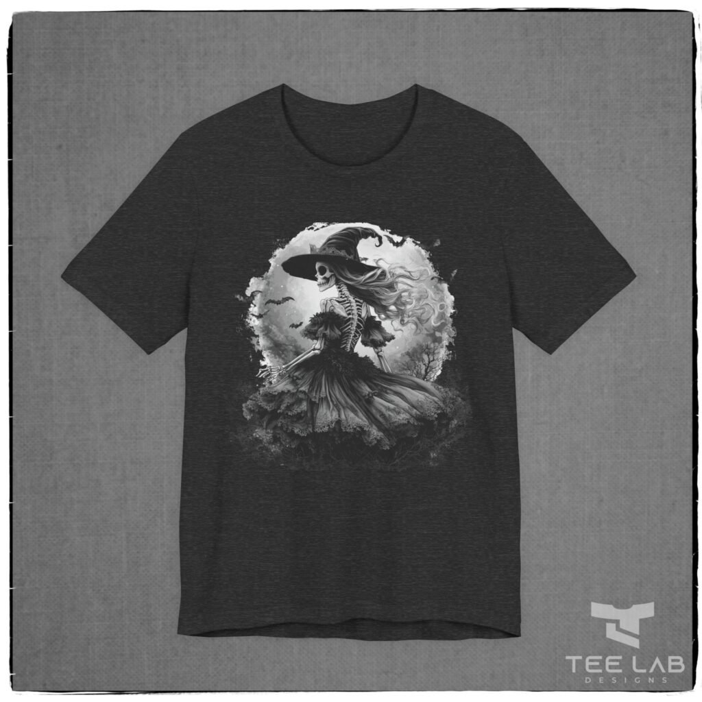 B+W Witch Halloween Bella+Canvas t-shirt from Tee Lab Designs.